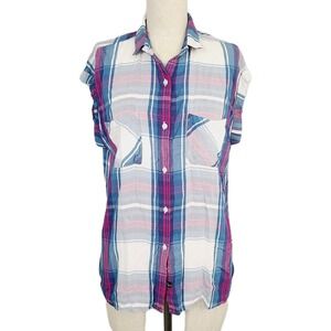 Rails Plaid Button Front Top Blue Pink Short Sleeve‎ Rayon Lightweight S Casual